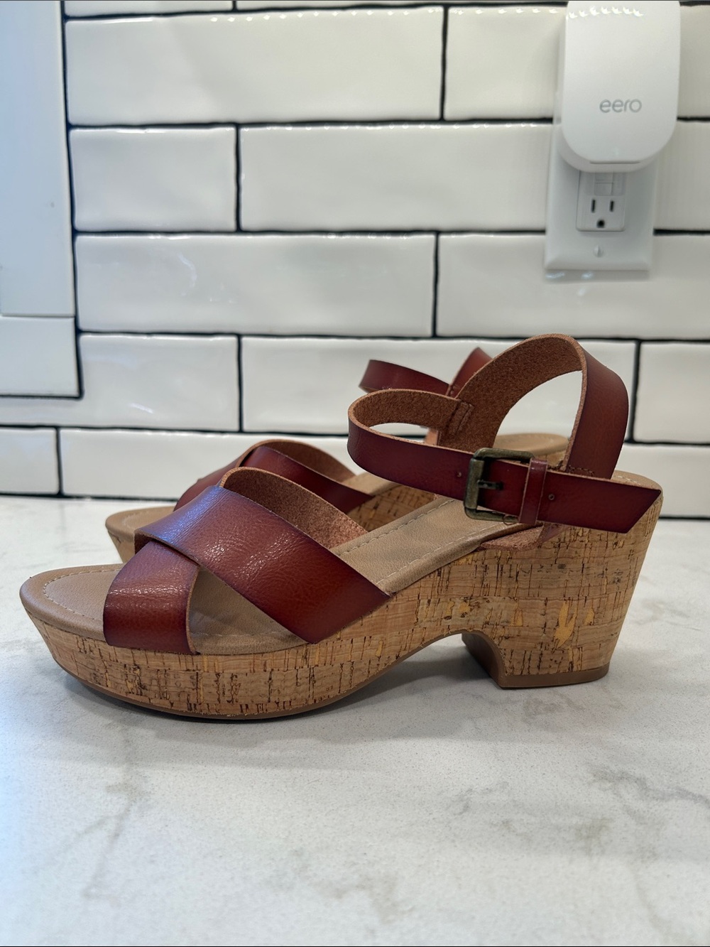 CUSHIONAIRE Women's Rosie Cork Wedge Sandal +Memory Foam 9.5 Cognac Boho - Picture 7 of 14